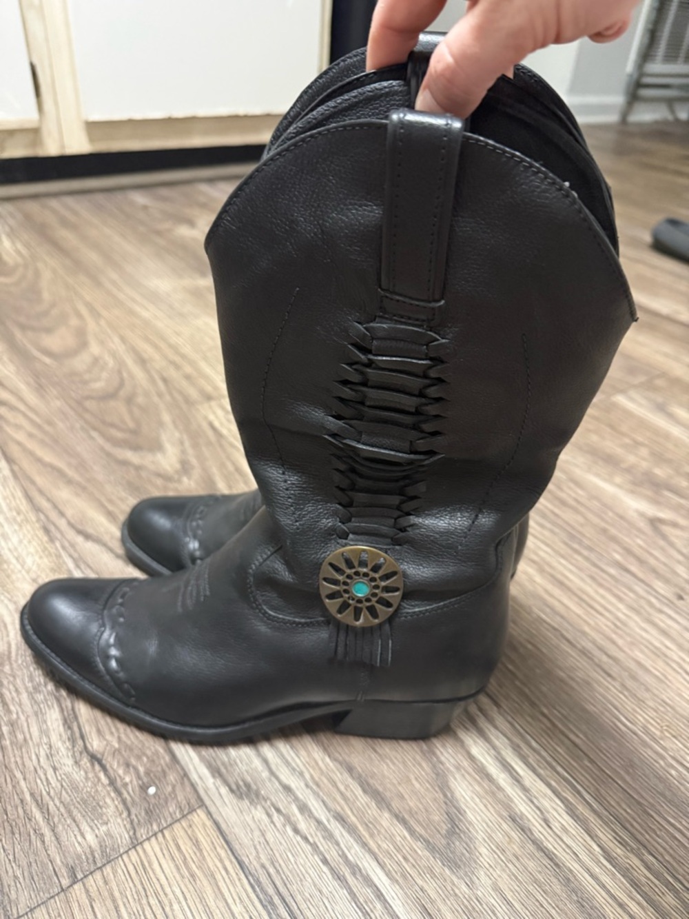 Acme Black Western-Style Leather Boots with Concho Accent